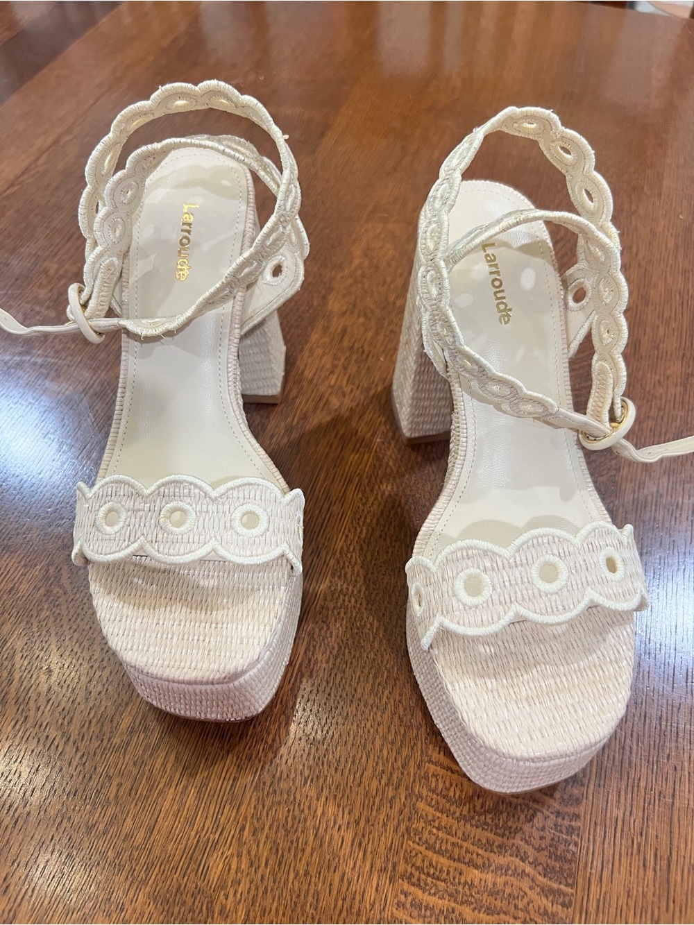 Larroude Ivory Scalloped Platform Sandals with Ankle Tie